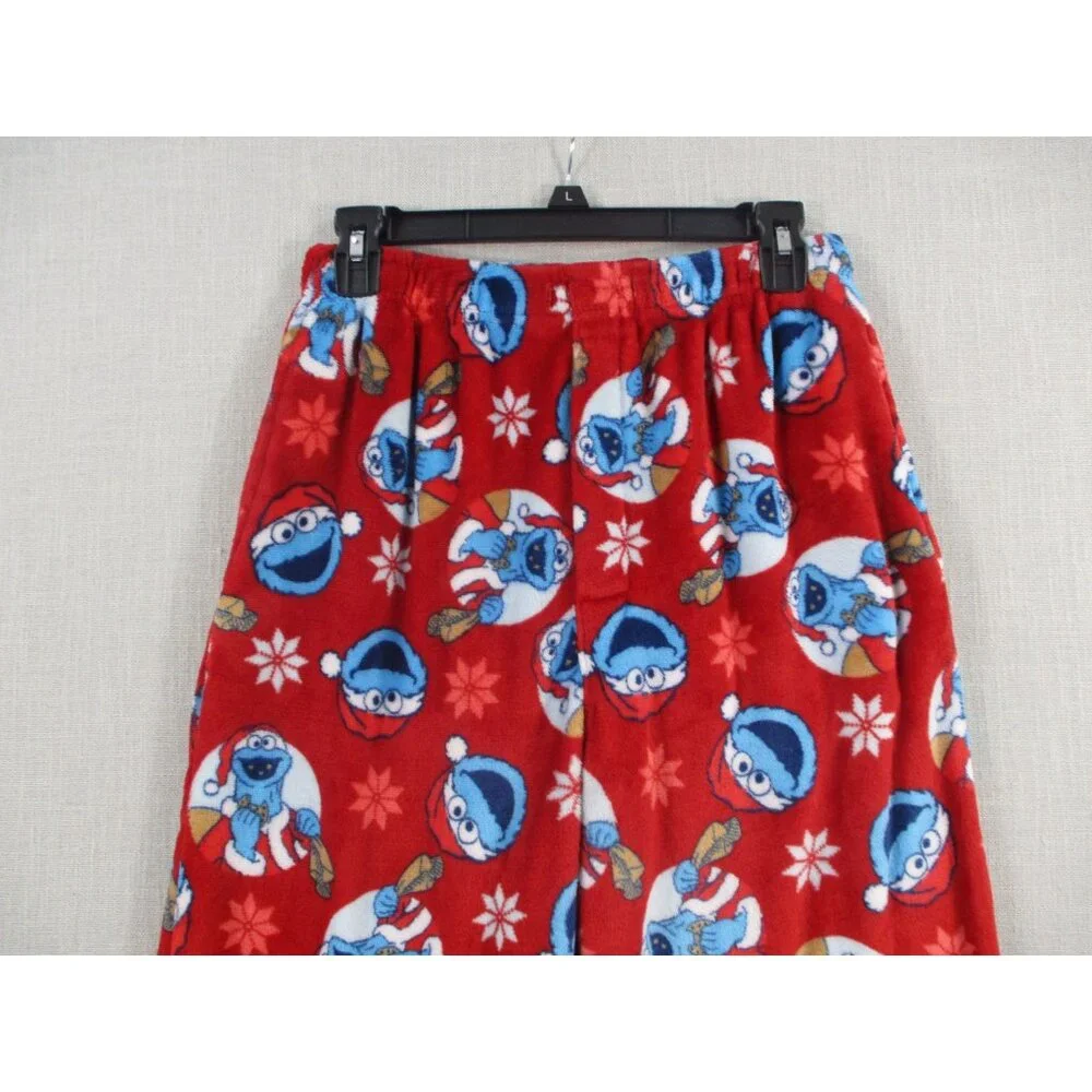 Sesame Street Red Fleece Pajama Pants With Cookie Monster & Snowflakes Small‎